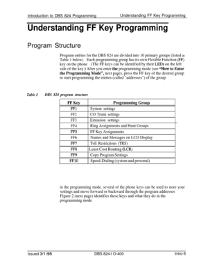 Page 134Introduction to DBS 824 ProgrammingUnderstanding FF Key ProgrammingUnderstanding FF Key ProgrammingProgram Structure
Program entries for the DBS 824 are divided into 10 primary groups (listed in
Table 1 below)Each programming group has its own Flexible Function (FF)
key on the phone(The FF keys can be identified by their LEDs on the left
side of the key 
) After you enter the programming mode (see “How to Enter
the Programming Mode”, 
next page), press the FF key of the desired group
to start programming...