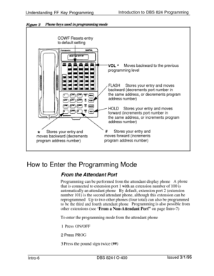 Page 135Understanding FF Key ProgrammingIntroduction to DBS 824 ProgrammingCOWF Resets entry
to default setting
-VOL AMoves backward to the previous
programming levelFigure 2
Phone keys used in programming mode
/
FLASHStores your entry and moves
backward (decrements port number in
the same address, or decrements program
address number)
HOLDStores your entry and moves
forward (increments port number in
the same address, or increments program
address number)
*Storesyour entry and
moves backward (decrements
program...