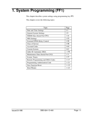 Page 1491. System Programming (FFl)This chapter describes system settings using programming key 
FFlThis chapter covers the following topics
TopicPage
Date and Time Settingsl-3
General System Settings
1-SSMDR Data (Serial Port 
CNl)PBX Settings
External 
(DNA) Relay Control
1-44
l-53
l-56Class of Service
Account Codes
Custom Screens
1-58l-60
l-63
1 Caller ID Automatic DISA1 l-70 1Maintenance Data (Serial Port CN2)
Svstem Timers
1-71
1-77Remote Programming and DISA Codes
1-117Programming Authorization Code...