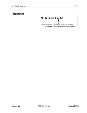 Page 164SLT Flash ControlFFl
ProgrammingI
FFl 2# l# ll# (0 qr l)#
f
O=A second SLT hookflash results in dial tone
l=A second SLT hookflash retrieves a held callPage146DBS 824-l O-400
Issued 3/l/95 