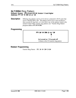 Page 183FFlSLT DISA Ring Pattern
SLT DISA Ring Pattern
Software VersionCPC-S and CPC-M, Version 1 0 and higherAddress 
FF1 2# l# 30## (0 or l)#
DescriptionDiffering ring patterns can be set for devices connected to SLTA ports that
receive inbound DISA calls
The pattern can be set to a one-second-on /
three-second-off ring burst, or it can follow any of the patterns found in the
normal Central Office transfer ring patterns (see “Transfer Ring Pattern’
program address FFl 2# l# 2%)
Programming
FFl 2# 1# 3O# (0 or...