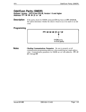 Page 193FFlOdd/Even Parity (SMDR)
Odd/Even Parity (SMDR)
Software VersionCPC-S and CPC-M, Version 1 0 and higherAddress 
FFl 2# 2# 2# (0 or l)##
DescriptionIf the parity check for SMDR serial port CNl has been set (FF12# 2# l#),
this option determines whether the check is based on an even count or an odd
count.
Programming
11
FFl 2# 2# 2# (0 or l)#
t
O--odd parityl=Even parity
NotesChecking Communications ParametersBe sure to properly set all
communication programming addresses when modifying any single address...