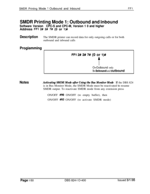 Page 198SMDR Printing Mode 1 Outbound and InboundFFl
SMDR Printing Mode 1: Outbound and Inbound
Software VersionCPC-S and CPC-M, Version 1 0 and higherAddress 
FFl 2# 2# 7# (0 or l)#
DescriptionThe SMDR printer can record data for only outgoing calls or for both
outbound and inbound calls
Progiamming
FFl 2# 2# 7# (0 or l)#
f
O=Outbound only
kInbound and outbound
NotesActivating SMDR Mode after Using the Bus Monitor ModeLf the DBS 824is in Bus Monitor Mode, the SMDR Mode must be reactivated to resume
SMDR output....