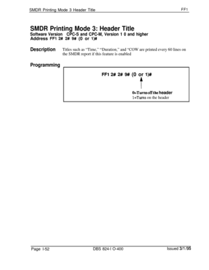 Page 200SMDR Printing Mode 3 Header TitleFFl
SMDR Printing Mode 3: Header Title
Software VersionCPC-S and CPC-M, Version 1 0 and higherAddress 
FF1 2# 2# 9# (0 or l)#
DescriptionTitles such as “Time,” “Duration,” and “COW are printed every 60 lines on
the SMDR report if this feature is enabled
Programming
FFl 2# 2# 9# (0 or l)#
t
O=Turns off tlie header
l=Turns on the headerPage l-52
DBS 824-l O-400Issued 3/l /95 