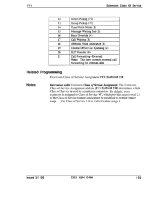 Page 207FFlExtension Class Of Service
Related Programming
Extension Class of Service Assignment J?F3 (ExtPort)# 35#
NotesInteraction with Extension Class of Service Assignment. The Extension
Class of Service Assignment address (FF3 
ExtPor& 3%) determines which
Class of Service 
iS; used by a particular extensionBy default, every
extension is assigned to Class of Service “o”, which provides access to all 21
of the Class of Service features and cannot be modified to restrict feature
usage(Use Class of Service 1-8...