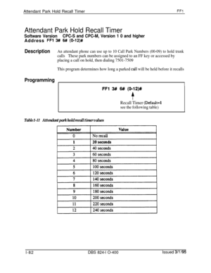 Page 230Attendant Park Hold Recall TimerFFl
Attendant Park Hold Recall Timer
Software VersionCPC-S and CPC-M, Version 1 0 and higherAddress 
FF1 3# 6## (0-12)#
DescriptionAn attendant phone can use up to 10 Call Park Numbers (00-09) to hold trunk
callsThese park numbers can be assigned to an FF key or accessed by
placing a call on hold, then dialing 7501-7509
This program determines how long a parked 
call will be held before it recalls
Programming
FFl W 6## (0112)#
f
Recall Timer (Default=1
see the following...