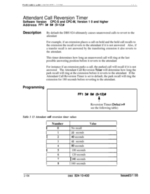 Page 232Attendant Call Reversion TimerSoftware VersionCPC-S and CPC-M, Version 1 0 and higherAddress 
FFl 3# 8# (O-12)#
DescriptionBy default the DBS 824 ultimately causes unanswered calls to revert to the
attendant
For example, if an extension places a call on hold and the held call recalls to
the extension the recall reverts to the attendant if it is not answeredAlso, if
a transfer recall is not answered by the transferring extension it also reverts to
the attendant.
This timer determines how long an...