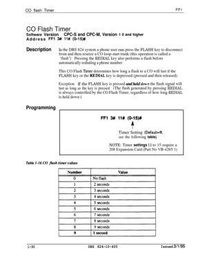 Page 238CO flash TimerFFl
CO Flash Timer
Software VersionCPC-S and CPC-M, Version 1 0 and higherAddress 
FF1 3# 11# (0115)#
DescriptionIn the DBS 824 system a phone user can press the FLASH key to disconnect
from and then reseize a CO loop-start trunk (this operation is called a
‘flash ‘)Pressing the REDIAL key also performs a flash before
automatically redialing a phone number
This CO Flash 
Tier determines how long a flash to a CO will last if the
FLASH key or the REDLAL key is depressed (pressed and then...