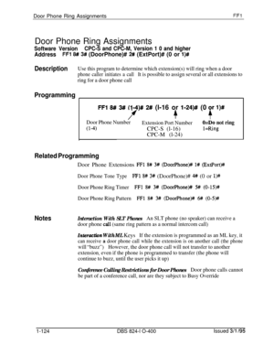 Page 272Door Phone Ring AssignmentsFFlDoor Phone Ring Assignments
Software VersionCPC-S and CPC-M, Version 1 0 and higher
AddressFFl 8## 3# (DoorPhone)# 2# (ExtPort)# (0 or l)#
DescriptionUse this program to determine which extension(s) will ring when a door
phone caller initiates a callIt is possible to assign several or all extensions to
ring for a door phone call
Programming
FFl 6## 3# (114)# 2# (l-16 or l-24)# (0
f+
r l)#
Door Phone Number
(l-4)
Extension Port NumberCPC-S (l-16)
CPC-M (l-24)O;Do not ring...