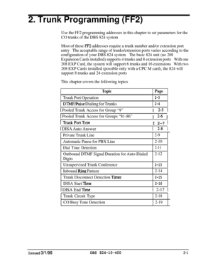 Page 2782. Trunk Programming (FF2)
Use the FF2 programming addresses in this chapter to set parameters for the
CO trunks of the DBS 824 system
Most of these 
FF2 addresses require a trunk number and/or extension port
entryThe acceptable range of trunks/extension ports varies according to the
configuration of your DBS 824 system
The basic 824 unit (no 208
Expansion Cards installed) supports 4 trunks and 8 extension portsWith one
208 EXP Card, the system will support 6 trunks and 16 extensionsWith two
208 EXP...