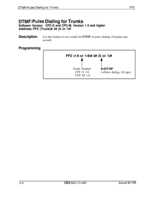 Page 281DTMF/Pulse Dialing for TrunksFF2
DTMF/PuIse Dialing for Trunks
Software VersionCPC-S and CPC-M, Version 1 0 and higherAddress FF2 (Trunk)# 
2# (0 or l)#
DescriptionUse this feature to set a trunk for D’T’MF or pulse dialing (10 pulses per
second)
ProgrammingFF2 
(l-6 or I-8)# 2# (0 or l)#
f fTrunk Number
CPC-S l-6
CPC-M l-8
O=DTMFl=Pulse dialing (10 pps)
2-4DES 824-l O-400Issued 3/l /95 