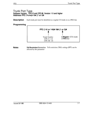 Page 284FF2Trunk Port Type
Trunk Port Type
Software VersionCPC-S and CPC-M, Version 1 0 and higherAddress FF2 
(Trunk)# lO# (1 or 2)#
DescriptionEach trunk port must be identified as a regular CO trunk or as a PBX line
Programming
1FF2 (1-6 or 
l-8)# lO# (1 or 2)#
tt
Trunk NumberCPC-S 
l-6CPC-M l-8
l=Regular (CO) trunk
2=PBX line
NotesToll Restriction InteractionToll restriction (TRS) settings (FF7) can be
affected by this parameter
issued 3/l 195DBS 824-l O-4002-7 