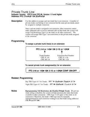 Page 286FF2Private Trunk Line
Private Trunk Line
Software VersionCPC-S and CPC-M, Version 1 0 and higherAddress FF2 (Trunk)# 
12# (ExtPort)#
DescriptionUse this address to assign a private trunk line to an extensionA number of
private trunks can belong to one extension but the same private 
mmk cannot
be assigned to multiple extensions
Once a private trunk is assigned to an extension, other extensions cannot
make outbound calls or receive inbound calls on that trunk (the system will
assign Toll Restriction Type...