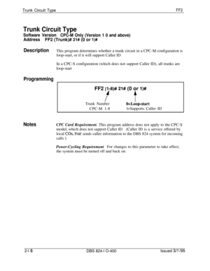 Page 295Trunk Circuit TypeFF2
Trunk Circuit Type
Software Version
CPC-M Only (Version 1 0 and above)
AddressFF2 (Trunk)# 21# (0 or l)#
DescriptionThis program determines whether a trunk circuit in a CPC-M configuration is
loop-start, or if it will support Caller ID
In a CPC-S configuration (which does not support Caller ID), all trunks are
loop-start
ProgrammingFF2 
(l-8)# 21# (0 or l)#
ftTrunk NumberO=Loop-startCPC-M 1-8l=Supports Caller ID
NotesCPC Card Requirement. This program address does not apply to the...