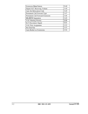 Page 2991 Extension Ring Pattern13-42 1
Digital SLT Receiving VolumeAuto Set Relocation Code3-44
3-45
1 Permanent Call Forward Type3-47Permanent Call Forward Extension
3-48
ML/MC0 Separation3-49VAU Hunting Priority
13-50 (
1 SLT Disconnect Signal13-51 IVAU Port Assignment
3-52Hot Dial Pad
3-53Auto-Redial on Extensions
3-543-2
DBS 824-10-400Issued 3/l/95 