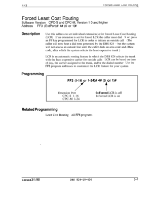 Page 304F-l-3Forcea L~~SI ~03 nourlngForced Least Cost Routing
Software VersionCPC-S and CPC-M, Version 1 0 and higher
AddressFF3 (ExtPort)# 
4# (0 or l)#
DescriptionUse this address to set individual extension(s) for forced Least Cost Routing
(LCR)If an extension is set for forced LCR the caller must dial9 or press
an FF key programmed for LCR in order to initiate an outside call
(Thecaller will now hear a dial tone generated by the DBS 824 -- but the system
will not access an outside line until the caller...