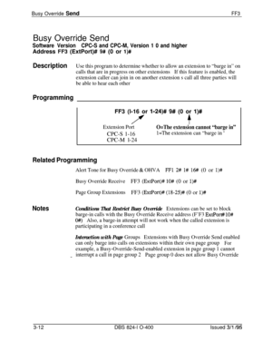 Page 309Busy Override SendFF3Busy Override Send
Software VersionCPC-S and CPC-M, Version 1 0 and higherAddress 
FF3 (ExtPort)# 9# (0 or l)#
DescriptionUse this program to determine whether to allow an extension to “barge in” on
calls that are in progress on other extensionsIf this feature is enabled, the
extension caller can join in on another extension s call all three parties will
be able to hear each other
ProgrammingFF3 (l-16 or 
l-24)# 9# (0 or l)#
/’f
Extension PortO=The extension cannot “barge in”CPC-S...