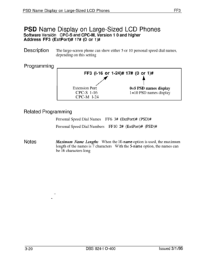 Page 317PSD Name Display on Large-Sized LCD PhonesFF3
PSD Name Display on Large-Sized LCD Phones
Software VersianCPC-S and CPC-M, Version 1 0 and higherAddress FF3 (ExtPort)# 
17# (0 or l)#Description
The large-screen phone can show either 5 or 10 personal speed dial names,
depending on this settingProgramming
FF3 (l-16 or 
l-24)# 17# (0 or l)#
t
Extension PoriCPC-S 1-16
CPC-M l-240=5 PSD names display
l=lO PSD names displayRelated Programming
Personal Speed Dial NamesFF6 3# (ExtPort)# (PSD)#
Personal Speed Dial...