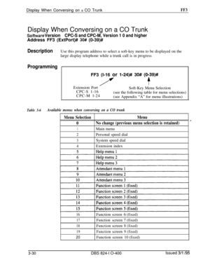 Page 327Display When Conversing on a CO TrunkFF3Display When Conversing on a CO Trunk
Software VersionCPC-S and CPC-M, Version 1 0 and higherAddress FF3 (ExtPort)# 
30# (0-39)#
DescriptionUse this program address to select a soft-key menu to be displayed on the
large display telephone while a trunk call is in progress
ProgrammingFF3 (l-16 or 
l-24)# 30# (0-39)#
/-tExtension Port
CPC-S 1-16Soft-Key Menu Selection
CPC-M l-24(see the following table for menu selections)
(see Appendix “A” for menu illustrations)...