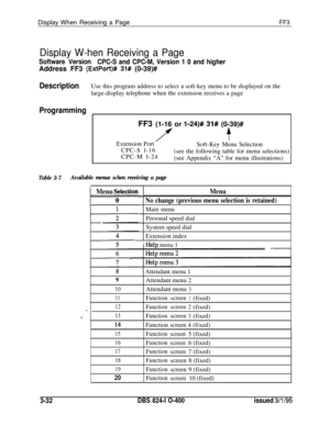 Page 329Display When Receiving a PageFF3
Display W-hen Receiving a Page
Software Version
CPC-S and CPC-M, Version 1 0 and higherAddress FF3 
(ExtPort)# 31# (0-39)#
DescriptionUse this program address to select a soft-key menu to be displayed on the
large-display telephone when the extension receives a page
Programming
cFF3 (1-16 or 
l-24)# 31# (0-39)#
/(tExtension Port
Soft-Key Menu Selection
CPC-S l-16
CPC-M l-24(see the following table for menu selections)
(see Appendix “A” for menu illustrations)
Table...