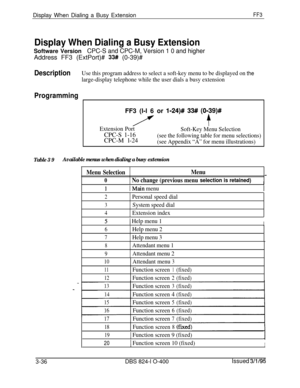 Page 333Display When Dialing a Busy ExtensionFF3
Display When Dialing a Busy ExtensionSoftware Version
CPC-S and CPC-M, Version 1 0 and higherAddress FF3 (ExtPort)# 
33# (0-39)#
DescriptionUse this program address to select a soft-key menu to be displayed on the
large-display telephone while the user dials a busy extension
ProgrammingFF3 (l-l 6 or 
l-24)# 33# (0139)#
f+Extension Port
Soft-Key Menu SelectionCPC-S 1-16
CPC-M l-24
(see the following table for menu selections)
(see Appendix “A” for menu...