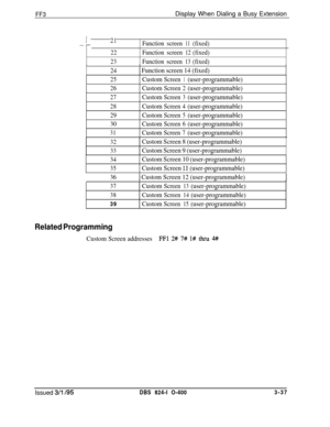 Page 334FF3Display When Dialing a Busy Extension
-J21Functionscreen11(fixed)
22Functionscreen12(fixed)
23Functionscreen13(fixed)
241
1 Function screen 14 (fixed)
25CustomScreen1(user-programmable)
26CustomScreen2(user-programmable)
27CustomScreen3(user-programmable)
28CustomScreen4(user-programmable)
29CustomScreen5(user-programmable)
30CustomScreen6(user-programmable)
31CustomScreen7(user-programmable)
32Custom Screen 8 (user-programmable)
33Custom Screen 9 (user-programmable)
34Custom Screen 10...
