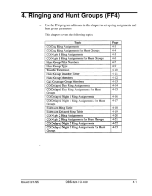 Page 3524. Ringing and Hunt Groups (FF4)
--Use the FF4 program addresses in this chapter to set up ring assignments and
hunt group parameters
This chapter covers the following topics
d Day Ring Assignments for Hunt
ayed Night
1Ring Assignments for Hunt
Issued 3/l /95OBS 824-l O-400 