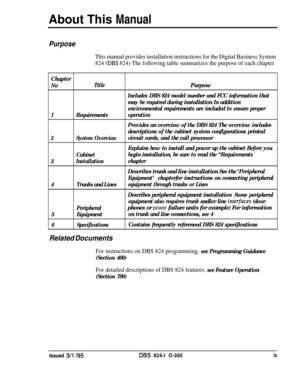 Page 37About This ManualPurpose
This manual provides installation instructions for the Digital Business System
824 
(DBS 824) The following table summarizes the purpose of each chapter
Chapter
NoTitle
IRequirements
2System Overview
Cabinet
3Installation
4Trunks and Lines
Peripheral
5Equipment
6Specifications
Related Documents
Purpose
Includes DBS 824 model number and FCC information that
may be required during installation In addition
environmental requirements are included to ensure proper
operation
Provides...