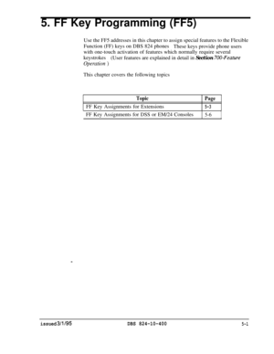 Page 3755. FF Key Programming (FF5)Use the FF5 addresses in this chapter to assign special features to the Flexible
Function (FF) keys on DBS 824 phones
These keys provide phone users
with one-touch activation of features which normally require several
keystrokes
(User features are explained in detail in Section 
700-Feature
Operation )This chapter covers the following topics
Topic
PageFF Key Assignments for Extensions
5-3FF Key Assignments for DSS or EM/24 Consoles
5-61
issued 3/l/95DBS 824-10-4005-l 