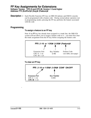 Page 377FF Key Assignments for Extensions
Software VersionCPC-S and CPC-M, Version 1 0 and higherAddress 
FF5 (ExtPort)# (Key)# (Feature)#
Description --Each Flexible Function (FF) key on DBS 824 phones and EM/24 consoles
can be programmed with a feature code
During normal phone operation (notin programming mode), pressing the FF key performs the feature associated
with the code
Programming
To assign a feature to an FF keyNote: If an 
FF key has already been assigned to a trunk line, the DBS 824
system will not...