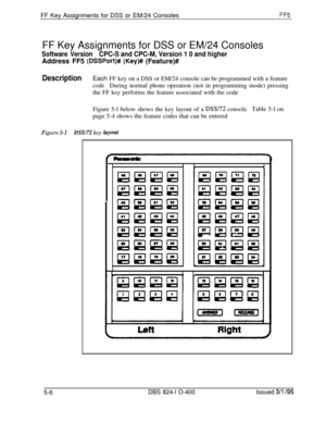 Page 380FF Key Assignments for DSS or EM/24 ConsolesFF5FF Key Assignments for DSS or EM/24 Consoles
Software VersionCPC-S and CPC-M, Version 1 0 and higherAddress FF5 
(DSSPort)# (Key)## (Feature)#
DescriptionEach FF key on a DSS or EM/24 console can be programmed with a feature
codeDuring normal phone operation (not in programming mode) pressing
the FF key performs the feature associated with the code
Figure 5-l below shows the key layout of a 
DSW2 consoleTable 5-l on
page 5-4 shows the feature codes that can...