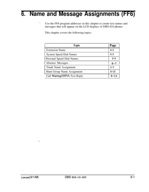 Page 3826.Name and Message Assignments (FF6)
--Use the FF6 program addresses in this chapter to create text names and
messages that will appear on the LCD displays of DBS 824 phones
This chapter covers the following topics
ITopic1 Page
Extension Name
6-3System Speed Dial Names
6-5
1 Personal Speed Dial NamesI 6-6 I
1 Absence Messages1 6-7 1Trunk Name Assignment
6-9Hunt Group Name Assignment
6-10
Call Waiting/OHVA Text Reply1 6-11 1
issued 3/l/95DBS 824-10-400 