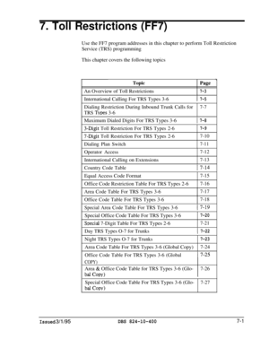 Page 3947. Toll Restrictions (FF7)Use the FF7 program addresses in this chapter to perform Toll Restriction
Service (TRS) programming
This chapter covers the following topics
TopicPage
An Overview of Toll Restrictions
7-3International Calling For TRS Types 3-6
1 7-5Dialing Restriction During Inbound Trunk Calls for
7-7
TRS 
Tvpes 3-6Maximum Dialed Digits For TRS Types 3-6
1 7-8
3-Digit Toll Restriction For TRS Types 2-6
7-Digit Toll Restriction For TRS Types 2-6
Dialing Plan Switch
7-9
7-10
7-11
Operator...