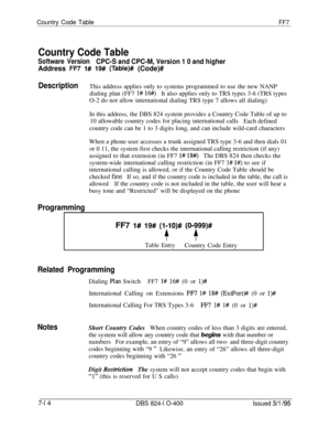 Page 407Country Code TableFF7
Country Code Table
Software VersionCPC-S and CPC-M, Version 1 0 and higherAddress 
FR I# 19# (Table)# (Code)#
DescriptionThis address applies only to systems programmed to use the new NANP
dialing plan (FF7 
I# 16#)It also applies only to TRS types 3-6 (TRS types
O-2 do not allow international dialing TRS type 7 allows all dialing)
In this address, the DBS 824 system provides a Country Code Table of up to
10 allowable country codes for placing international calls
Each defined...