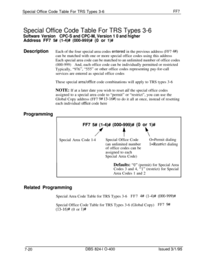 Page 413Special Office Code Table For TRS Types 3-6FF7
Special Office Code Table For TRS Types 3-6
Software VersionCPC-S and CPC-M, Version 1 0 and higherAddress FF7 
5## (l-4)# (000-999)# (0 or I)#
DescriptionEach of the four special area codes entered in the previous address (FF7 4#)can be matched with one or more special office codes using this address
Each special area code can be matched to an unlimited number of office codes
(000-999)And, each office code can be individually permitted or restricted...