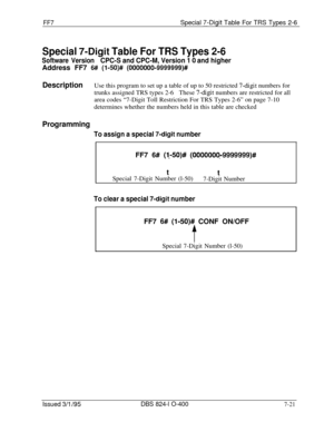 Page 414FF7Special -/-Digit Table For TRS Types 2-6
Special 7-Digit Table For TRS Types 2-6
Software VersionCPC-S and CPC-M, Version 1 0 and higherAddress FF7 
6## (l-50)# (OOOOOOO-9999999)#
DescriptionUse this program to set up a table of up to 50 restricted 7-digit numbers for
trunks assigned TRS types 2-6These 
7-digit numbers are restricted for all
area codes “7-Digit Toll Restriction For TRS Types 2-6” on page 7-10
determines whether the numbers held in this table are checked
Programming
To assign a special...