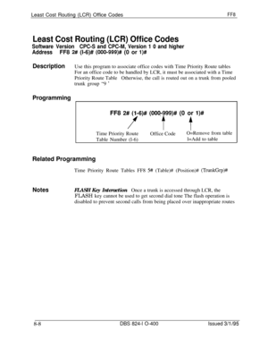 Page 428Least Cost Routing (LCR) Office CodesFF8
Least Cost Routing (LCR) Office Codes
Software VersionCPC-S and CPC-M, Version 1 0 and higher
AddressFF8 
2# (I-6)# (000-999)# (0 or l)#
DescriptionUse this program to associate office codes with Time Priority Route tables
For an office code to be handled by LCR, it must be associated with a Time
Priority Route Table
Otherwise, the call is routed out on a trunk from pooledtrunk group “9 
’
ProgrammingFF8 
2# (l-6)# (000-999)# (0 or I)#
f t tTime Priority Route...