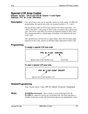 Page 429FF8Special LCR Area Codes
Special LCR Area Codes
Software VersionCPC-S and CPC-M, Version 1 0 and higherAddress 
FF8 3## (I-4)# (000-999)#
DescriptionFour special area codes can be specially chosen for LCR routingIn DBS 824programming, the special area codes are assigned numbers 
1,2, 3, and 4
The special area codes are tied to four special LCR office code tables
An“office code table” is the group of office codes associated with a special area
codeThe off-ice code tables can contain an unlimited number...