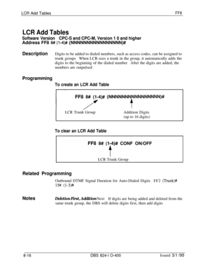 Page 436LCR Add TablesFF8
LCR Add Tables
Software VersionCPC-S and CPC-M, Version 1 0 and higherAddress FF8 
8# (l-4)# (NNNNNNNNNNNNNNNN)#
DescriptionDigits to be added to dialed numbers, such as access codes, can be assigned to
trunk groupsWhen LCR uses a trunk in the group, it automatically adds the
digits to the beginning of the dialed numberAfter the digits are added, the
numbers are outpulsed
Programming
To create an LCR Add Table
1~~ ~~~FF8 8# (1-4)# (NNNNNNNNNNNNNNNN)#
LCRTrunk GroupAddition Digits
(up to...