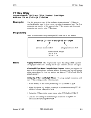 Page 441FF9FF Key Copy
FF Key Copy
Software-Version
CPC-S and CPC-M, Version 1 0 and higherAddress 
FF9 3## (ExtPort)# (ExtPort)##
DescriptionUse this program to copy all the attributes of one extension’s FF keys to
another Copying must be done on an extension-by-extension basis The first
extension port number of this address is the FF key source, and the second
extension port number is the FF key target
ProgrammingNote: You must enter two pound-signs 
(W) at the end of this address
FF9 3# (1-16 or l-24)# (1-16...