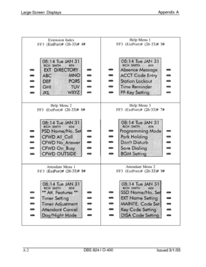 Page 449Large-Screen DisplaysAppendix A
Extension IndexHelp Menu 1
FF3 (ExtPort)# (26-33)# 4#FF3 (ExtPort)# (26-33)## 5#
Help Menu 2Help Menu 3
FF3 (ExtPort)# 
(26-33)# 6#FF3 (ExtPort)# (26-33)# 7#
Attendant Menu 1Attendant Menu 2
FF3 
(ExtPort)# (26-33)# 8#FF3 (ExtPort)# (26-33)# 9#
A-2
DBS 824-l O-400
Issued 3/l I95 