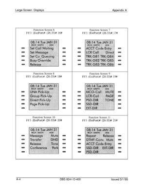 Page 451Large-Screen Displays
Appendix A
Function Screen 6
FF3 (ExtPort)# (26-33)# 16#
Function Screen 7FF3 
(ExtPort)# (26-33)# 17#Function Screen 8
FF3 (ExtPort)# 
(26-33)# 18#
Function Screen 9FF3 (ExtPort)# 
(26-33)# 19#Function Screen 10
FF3 
(ExtPort)# (26-33)# 20#
Function Screen 11FF3 
(ExtPort)# (26-33)# 21#
A-4
DBS 824-l O-400
Issued 3/l /95 