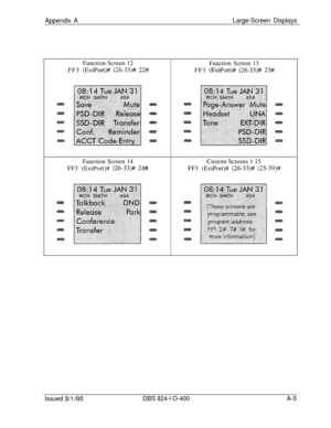 Page 452Appendix ALarge-Screen Displays
Function Screen 12
FF3 (ExtPort)# (26-33)# 22#Function Screen 14
FF3 (ExtPort)# 
(26-33)# 24##
Function Screen 13FF3 
(ExtPort)# (26-33)# 23#Custom Screens 1 15
FF3 (ExtPort)# 
(26-33)# (25-39)#
Issued 3/l /95DBS 824-l O-400A-5 