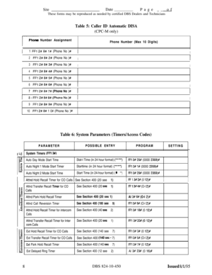 Page 473SiteDatePage __ of
These forms may be reproduced as needed by certified DBS Dealers and Technicians
Table 5: Caller ID Automatic DISA(CPC-M only)
r-Phone Number Assignment
Phone Number (Max 10 Digits)
I1 FFl 2# 8# I# (Phone No )#1I
2FF1 2# 8# 2# (Phone No )#I1
3FFl 2# 8# 3# (Phone No )#I
I
4FFl 2# 8# 4# (Phone No )#
5FFI 2# 8# 5# (Phone No )#
6FFl 2# 8# 6# (Phone No )#II
7FF1 2# 8# 7# (Phone No )#II
~2#8#88#(PhoneNo)# 1I
9FFI 2# 8# 9# (Phone No )#
10FFl 2# 8# 1 0# (Phone No )#
Table 6: System Parameters...