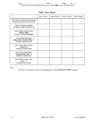 Page 475SiteDatePage -of-These forms may be reproduced as needed by certified DBS Dealers and Technicians
Table 7: Door PhonesDoor
Phone1DoorPhone2DoorPhone3DoorPhone4Door Phone Extension Port Number
FFl 8# 31 (Door Phone #I 4)# l# (3 24)Ring on Extension Port(s)
FFl 8# 3# (1 4)# 2# (1 24)# (0 or l)#Door Opener Access Code
(Default -9999)
FFl 85 3f (1 4)# 38 (0000 9999)#Door Phone Tone Type
(Slow Chime - Cl, Fast Chime - 1)
Rl 8# 3# (l-4)1 4# (0 or l)#
Door Phone Ring Timeout(20 
set - 3)
FFl 8# 3t (1-4)# !I# (0...