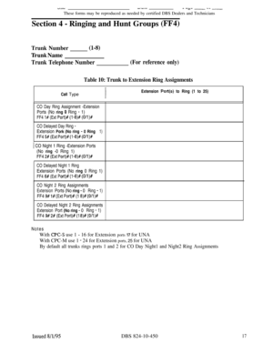 Page 482“AC”-u--d- -a- - -A -These forms may be reproduced as needed by certified DBS Dealers and Technicians
Section 4 
- Ringing and Hunt Groups (FF4)
Trunk Number(1-S)
‘hunk Name
Trunk Telephone Number(For reference only)
Table 10: Trunk to Extension Ring AssignmentsCall TypeExtension 
Port(s) to Ring (1 to 25)
CO Day Ring Assignment -ExtensionPorts (No ring 
0 Ring - 1)
FF4 I# (Ext Port)# (l-8)# (O/l)#
CO Delayed Day Ring -Extension Pork (No ring 
- 0 Ring1)FF4 
5# (Ext Port)# (l-8)# (OM)#
1 CO Night 1 Ring...