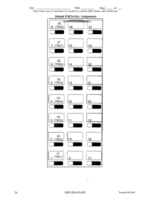 Page 49126SiteDatePage 
- of ___
These forms may be reproduced as needed by certified DBS Dealers and Technicians
Default 
EM/24 Key AssignmentsDBS 
824-10-450 