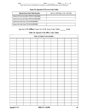 Page 512SiteDatepage -Of
These forms may be reproduced as needed by certified DBS Dealers and Technicians
TabIe 43: Special LCR Area Code Table
Special Area Code Table Number
Special LCR Area CodeTable (R8 3#1#(000-999)#Special 
LCRArea Code (000-999)
r~Special LCR Area CodeTable2(FF83#2#(00C-999)#II
ISpecial AreaCode Table 3 (FF8 3#3#(000 999)#I
I
Special AreaCode Table4 (FF8 3#4#(000-999)#
Special LCR Offke Codes for LCR Area Code Table
Table 44: Special LCR Office Code Table)
(l-4)
Enter All Codes To be...