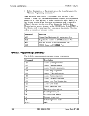 Page 551Remote MaintenanceSystem Features6Follow the directions on the screen to access the desired programs (See
“Terminal Programming Commands 
“)Note: The Serial Interface Unit (SIU) supports three functions, 
1) Bus
IMonitor, 2) SMDR, and 3) Remote Programming However only one function
can operate at a time When not in remote programming, either SMDR or a
Bus Monitor is active When the remote programming mode is entered (by
#99xxxx), the other function stops When finished, the SMDR or Bus
Monitor function...