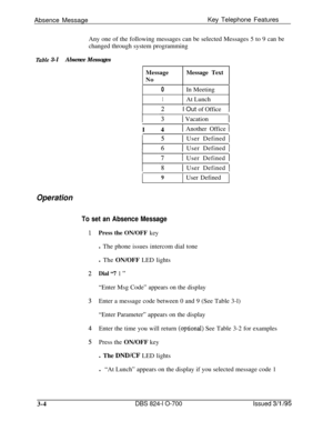 Page 593Absence MessageKey Telephone Features
Any one of the following messages can be selected Messages 5 to 9 can be
changed through system programmingTable 3-lAbsence Messages
Message
NoMessage Text
0In Meeting
1At Lunch
I Out of Office
I
1 Vacation
I 4
1 Another Office 1
1 User Defined I
I User Defined I
I User Defined 1
I User Defined I
I9User Defined
Operation
To set an Absence Message
Press the ON/OFF keyl The phone issues intercom dial tone
l The ON/OFF LED lights
Dial “7 1 ”“Enter Msg Code” appears on...